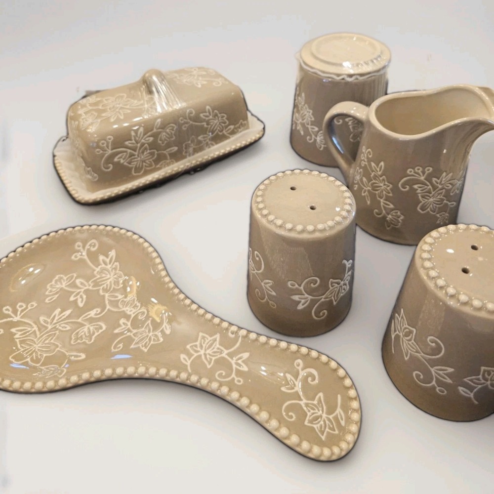 Temp-tations Butter Dish, Sugar, Creamer, Salt, Pepper Shaker Spoon Rest Taupe